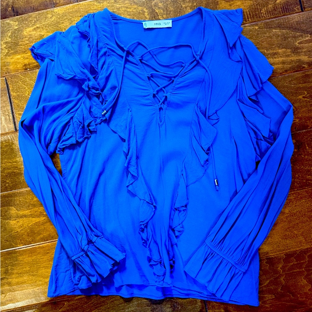 Mango ruffle blouse lace up detailing